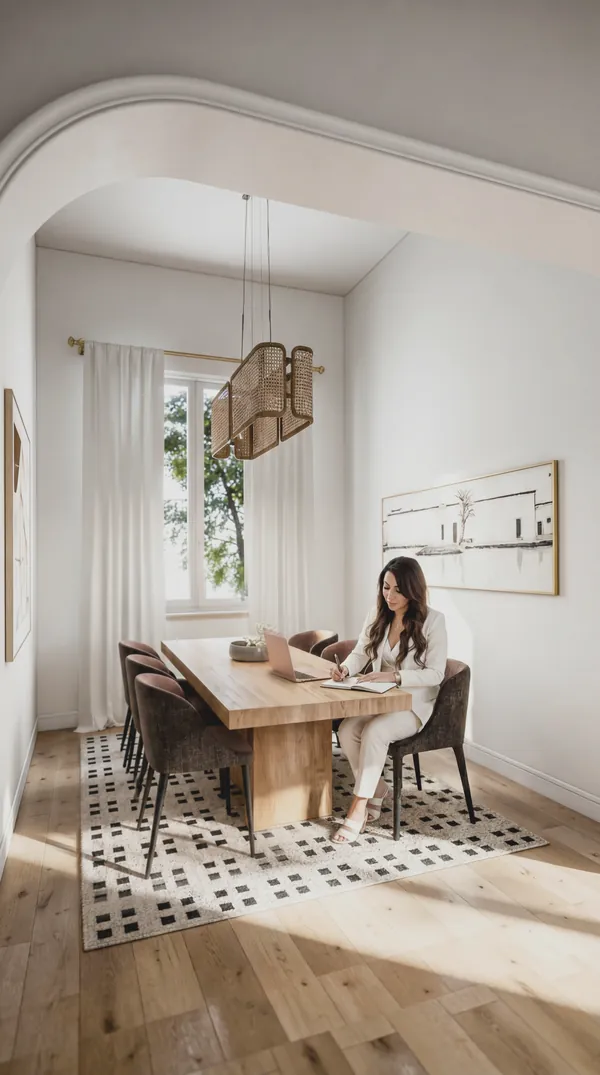 Ayka Ramazanova working on an online interior design project at a dining table