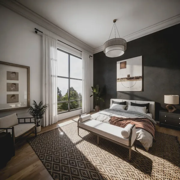 3D rendering of a bedroom with a black accent wall, tall windows, a jute rug and an upholstered bench