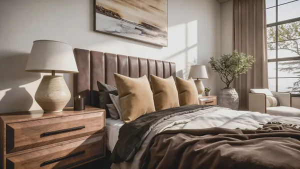 3D rendering of a bedroom with a channel-tufted leather headboard, velvet pillows and walnut nightstands