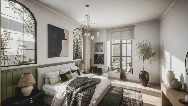 3D rendering of a bedroom with arched windows, green paneling and a brass globe chandelier