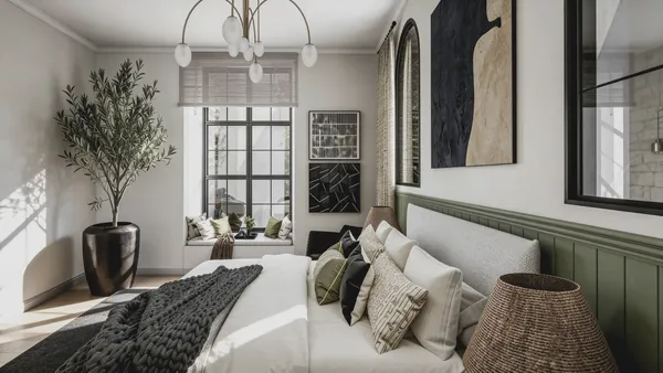 3D rendering of a bedroom with an olive tree, green paneling, a chunky knit throw and a window seat