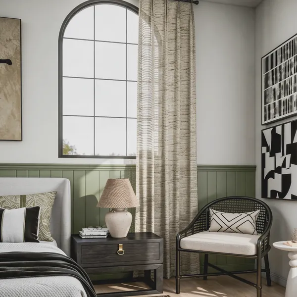 3D rendering of a bedroom corner with a cane armchair, arched window, linen curtains and a ceramic lamp