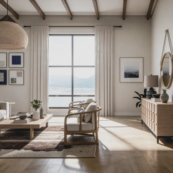 3D rendering of a coastal living room with wood ceiling beams, a woven pendant, oak armchairs and a lake view