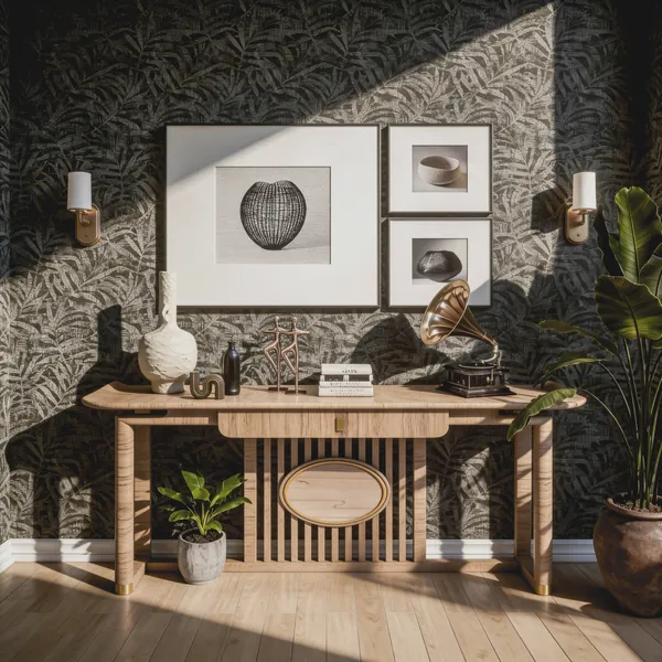 3D rendering of a console vignette with dark palm wallpaper, a framed gallery wall and brass sconces