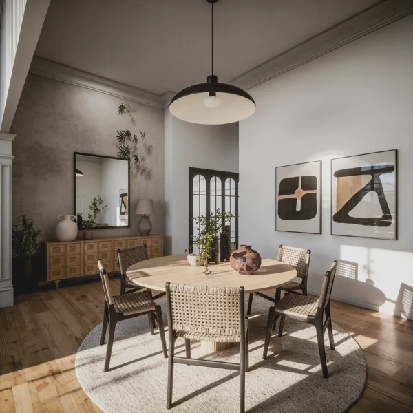 3D rendering of a dining room with a round oak table, woven chairs and a black pendant light