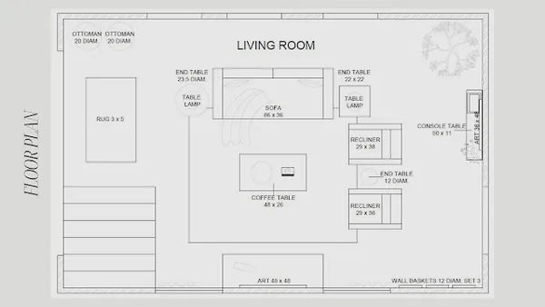 Living room floor plan with furniture sizes: sofa, coffee table, recliners, end tables and rug