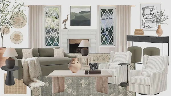 Living room mood board with an olive green sofa, striped swivel chairs, vintage rug, fireplace and framed art