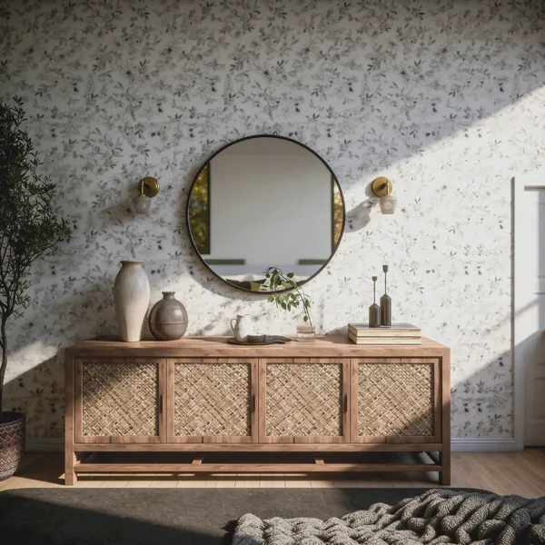 3D rendering of an entry with floral wallpaper, a round mirror, brass sconces and a woven-front console
