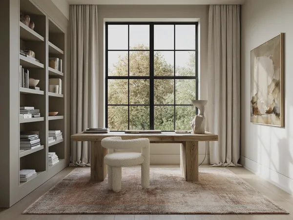 3D rendering of a home office with a reclaimed oak desk, bouclé chair, built-in shelves and a black-framed window