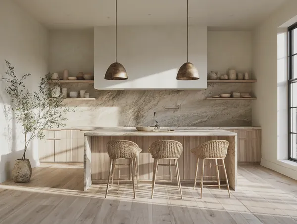 3D rendering of a warm minimal kitchen with a travertine waterfall island, rattan stools, oak cabinets and bronze pendants
