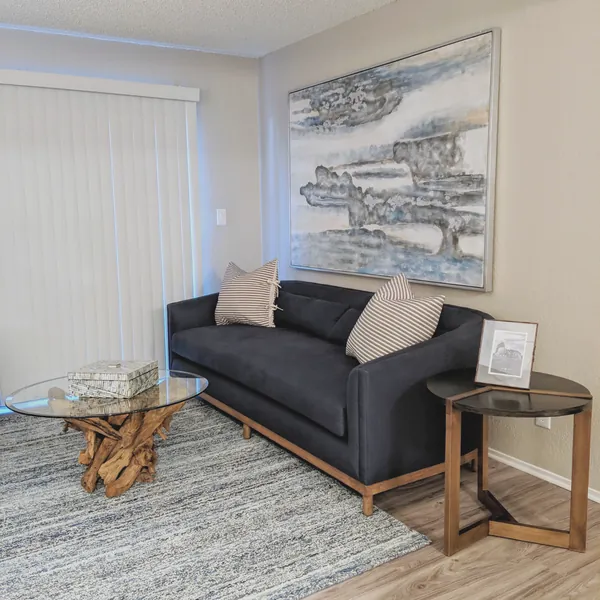 Staged apartment living room with a navy sofa, driftwood and glass coffee table, blue abstract art and a woven rug