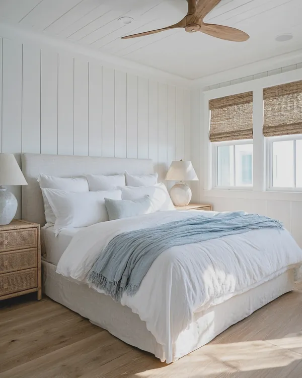 Design rendering of a coastal bedroom with board and batten walls, linen bed, rattan nightstands and woven shades