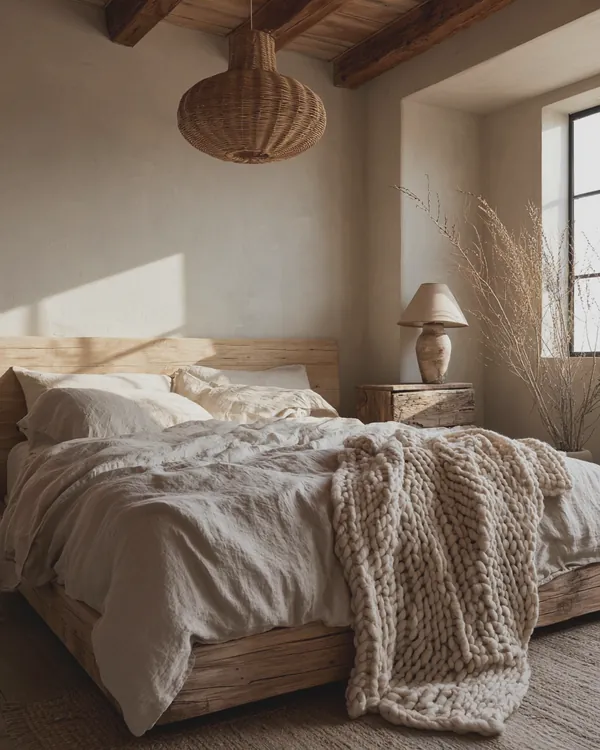 Design rendering of a soft natural bedroom with wood beams, rumpled linen bedding, chunky knit throw and rattan pendant