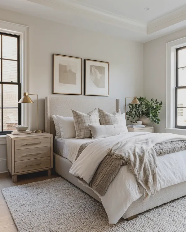 Design rendering of a transitional bedroom with a bouclé headboard, plaid pillows, oak nightstands and brass lamps