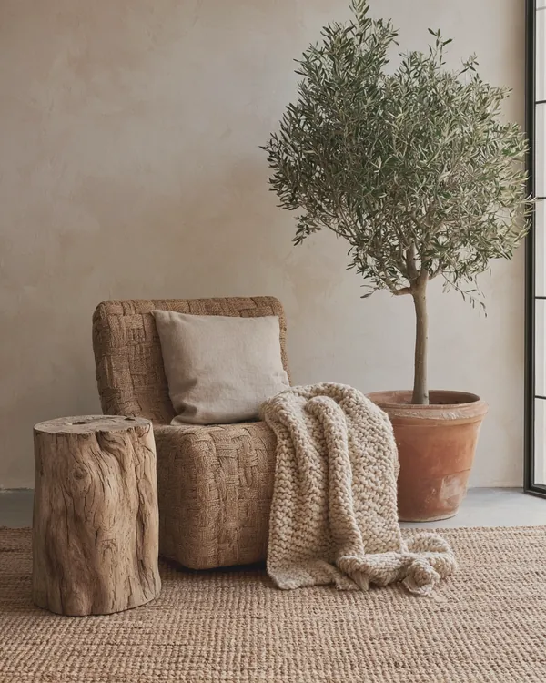 Design rendering of a soft natural corner with a woven lounge chair, wood stump table and olive tree in terracotta