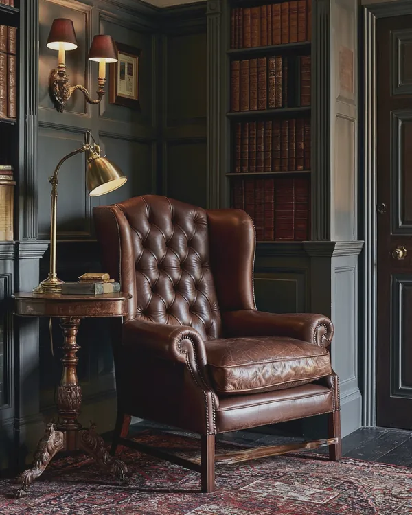 Design rendering of a traditional library corner with a tufted leather wingback chair, brass reading lamp, antique side table and leather-bound books