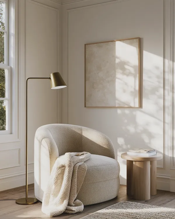 Design rendering of a transitional reading corner with a bouclé swivel chair, brass floor lamp and oak side table