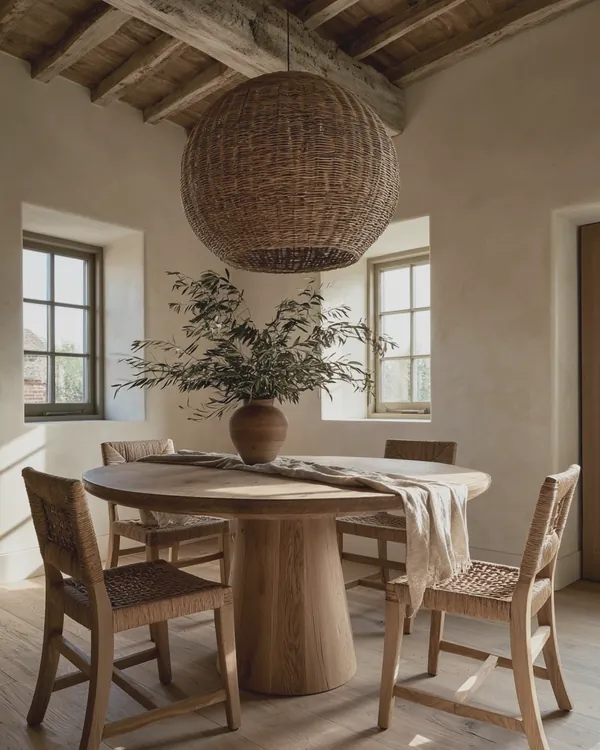 Design rendering of a soft natural dining room with a round oak pedestal table, rush chairs, oversized rattan pendant and olive branches