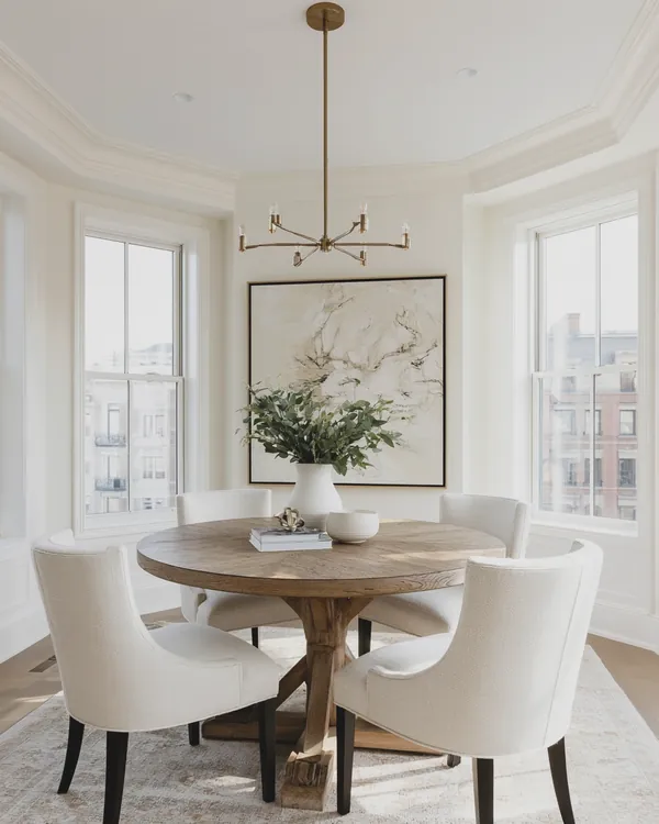 Design rendering of a transitional breakfast nook with a round oak pedestal table, linen chairs and brass chandelier