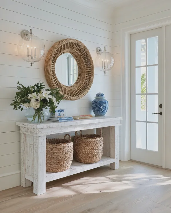 Design rendering of a coastal entry with a whitewashed console, woven baskets, rattan mirror and glass sconces