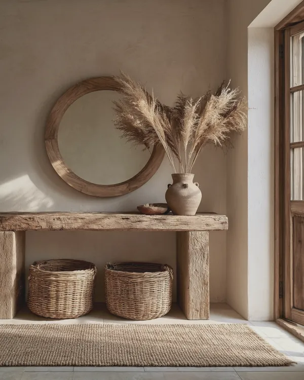 Design rendering of a soft natural entry with a reclaimed wood console, round wood mirror, pampas grass and jute runner