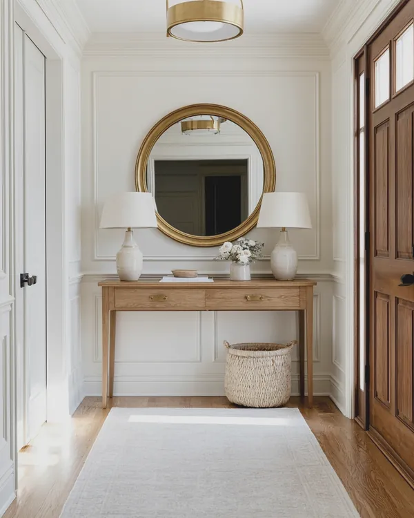 Design rendering of a transitional entry with an oak console, round brass mirror, ceramic lamps and wainscoting