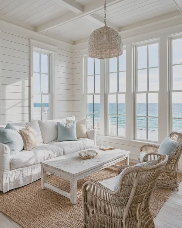Design rendering of a 30A coastal sunroom with a white slipcovered sofa, rattan armchairs, woven pendant and Gulf view
