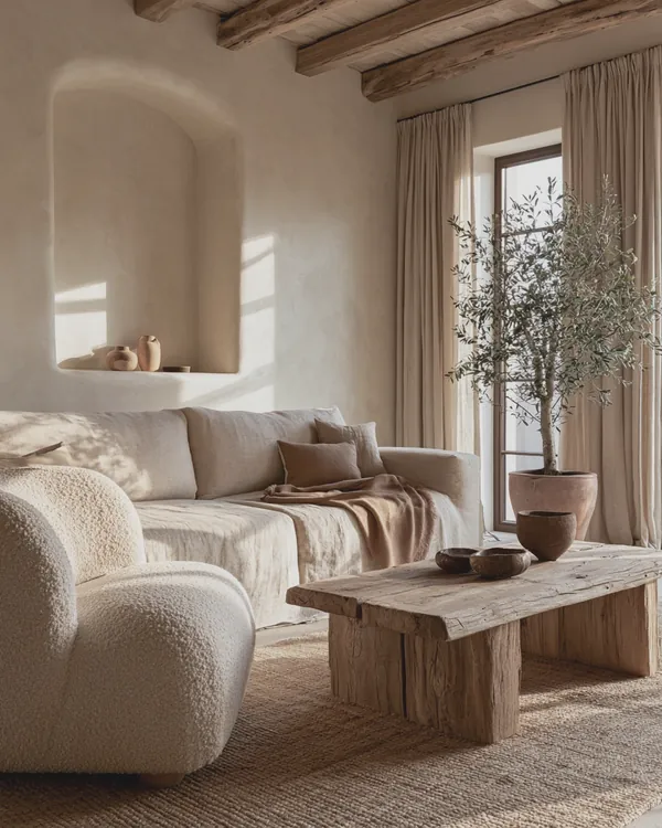 Design rendering of a soft natural living room with limewash walls, a linen sofa, bouclé chair, raw wood coffee table and olive tree