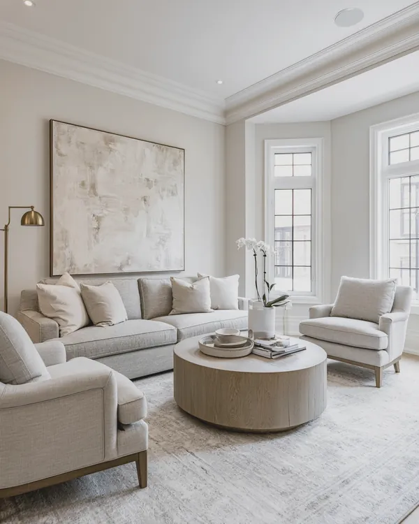 Design rendering of a transitional living room with a linen sofa, round oak coffee table, large neutral abstract art and brass floor lamp
