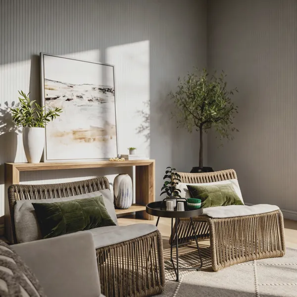 3D rendering of a sitting area with woven lounge chairs, green velvet pillows and an olive tree