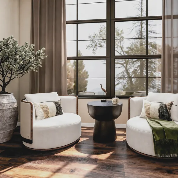 3D rendering of a sitting area with two cream swivel chairs, a dark pedestal table and tall windows